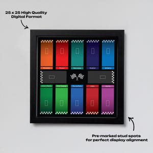 Puede incluir: Arte mural enmarcado en negro con rectángulos de colores etiquetados con nombres de equipos de carreras. El arte incluye el texto "25 x 25 High Quality Digital Format" y "Pre-marked stud spots for perfect display alignment."