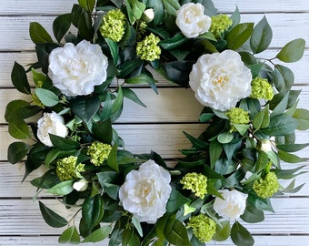 Everyday Camilla Flower Wreath for Front Door, Summer Wreath, Eucalyptus Wreath, Neutral Wreath, Housewarming, Gift for Her, Mother’s Day