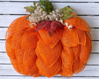 Pumpkin Poly Burlap Wreath for Front Door, Burlap Wreath, Farmhouse Wreath, Fall Wreath, Home Decor, Halloween Wreath, Gift for Her