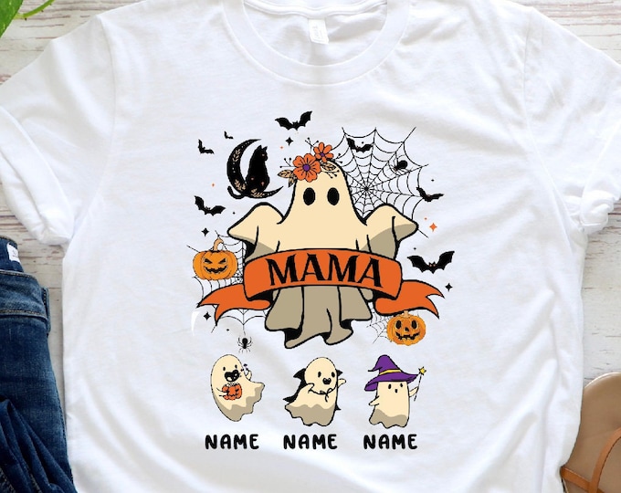 Mama Halloween Shirt, Personalized Spooky Mom Shirt With Ghost Kids, Custom Mama Shirt with Kids Name, Halloween Gift For Mom, Mama T-Shirt