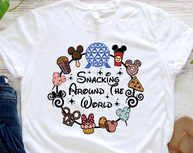 Snacking Around The World T-Shirt, Disney Family Outfits, Disneyworld, Disneyland, Minnie, Snack Goals, Mom Outfit, Holiday Shirt, Mickey