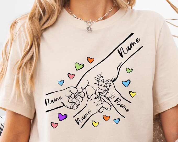 Custom Mom Shirt with Kids Names, Holding Child And Mama Hands T-Shirt, Mothers Day Gift, Personalized Mothers Day Gift, Custom Mama T-shirt