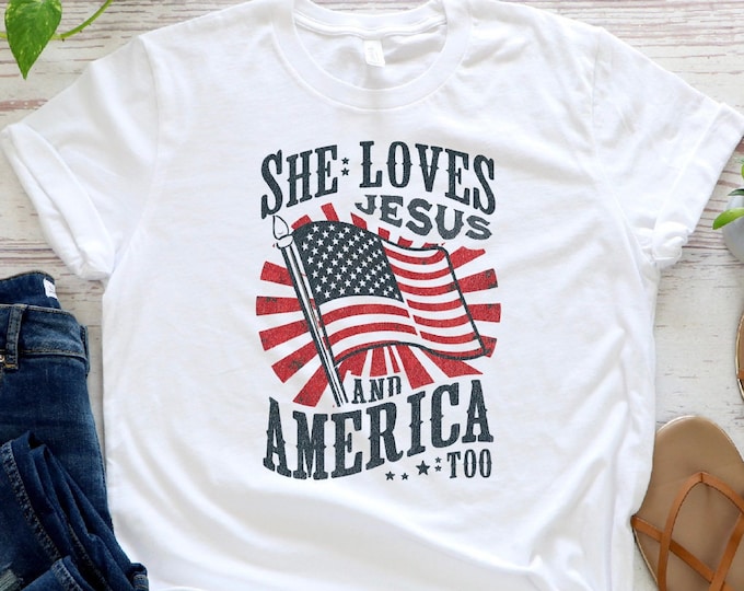 She Loves Jesus and America Too Shirt, 4th of July Shirt, Christian 4th of July Gift, Free Fallin John Mayer Shirt,Patriotic Christian Shirt