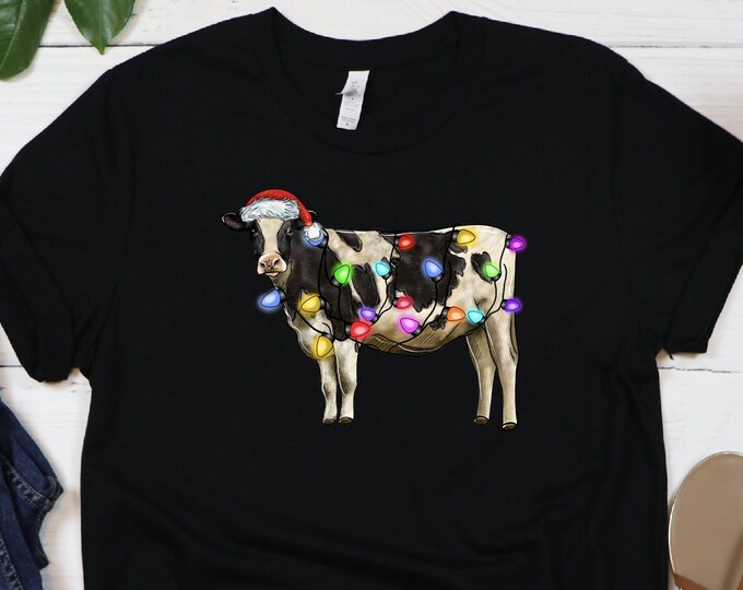 Christmas Cow Sweatshirt Christmas Lightning Cow Shirt Cute Cow Sweatshirt Merry Christmoos Christmas Light Tee