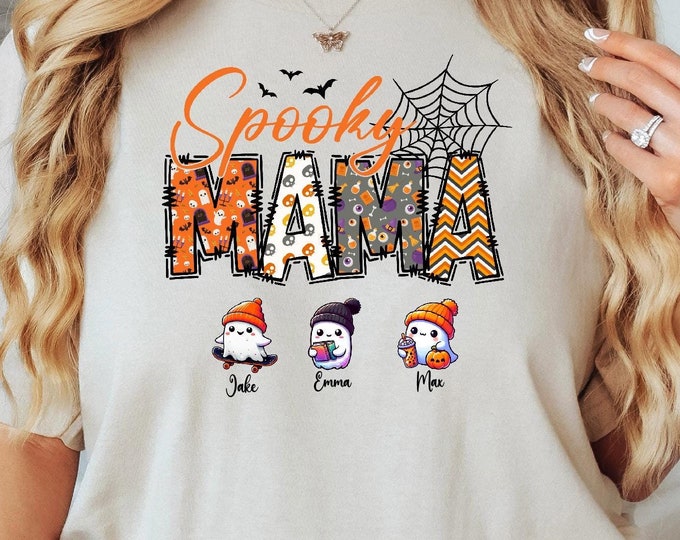 Personalized Mama Halloween Shirt With Kids Name, Spooky Mama Shirt, Ghost Mama Shirt, Halloween Gift for Mama, Halloween Mom T Shirt 2024