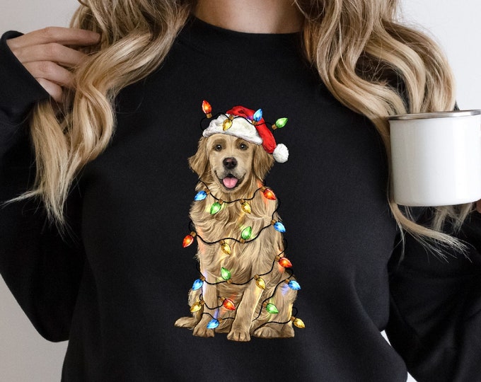 Christmas Dog Sweatshirt, Golden Retriever Sweatshirt, Dog Lover Gift, Happy New Year Sweater, Golden Mom Sweatshirt, Xmas Lights Sweatshirt