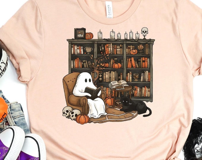 Retro Ghost Reading Books Shirt, Librarian Ghost Halloween, Halloween Teacher Sweatshirt, Halloween Shirt, Teacher Gift, Boo School