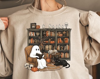 Retro Ghost Reading Sweatshirt, Halloween Librarian Teacher Gift