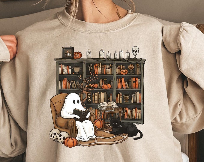 Retro Ghost Reading Books Sweatshirt, Librarian Ghost Halloween, Halloween Teacher Sweatshirt, Halloween Shirt, Teacher Gift, Boo School