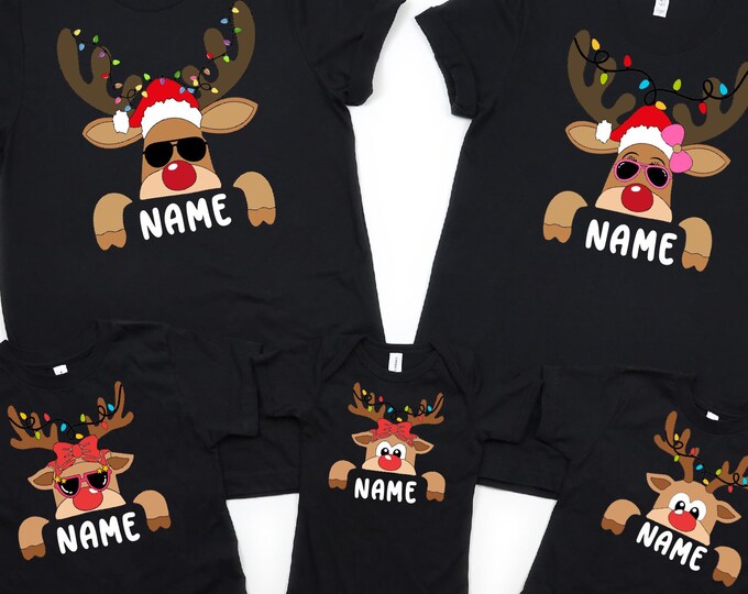 Matching Christmas Family Shirts, Cute Custom Name Reindeer Graphic Tees for Family, Funny Customizable Family Christmas Crewneck Shirt 2024