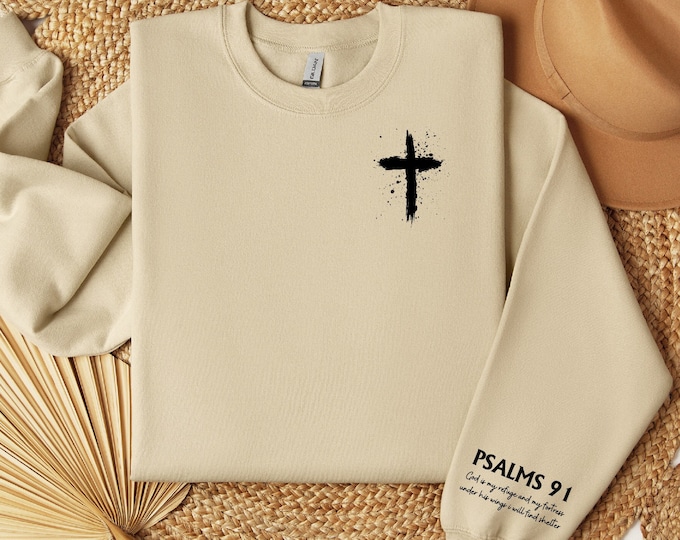 Psalms 91 Sleeve Print Sweatshirt,, Women's Christian Sweatshirt, Religious Gifts for Mother's Day, Bible Verse Shirts, Faith Based Tshirts