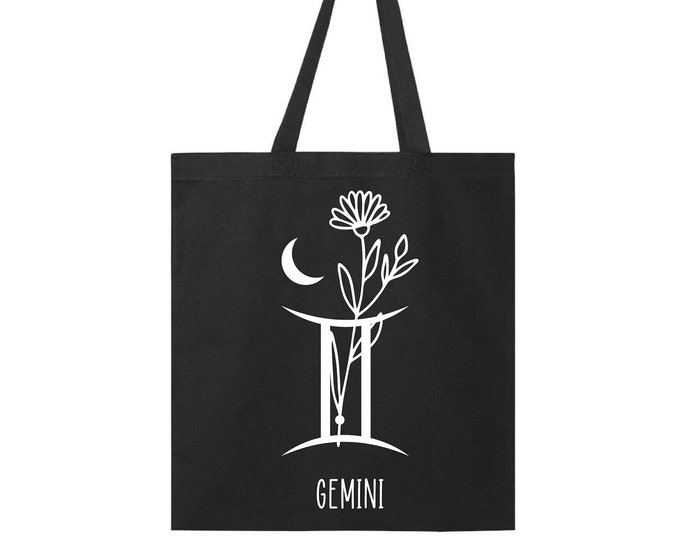 Gemini Floral Zodiac Sign Tote Bag, Gemini Girl Tote Bag, Gemini Horoscope Tote, Gemini Gift Bag,Gemini Birthday Gift, Gemini Astrology Tote