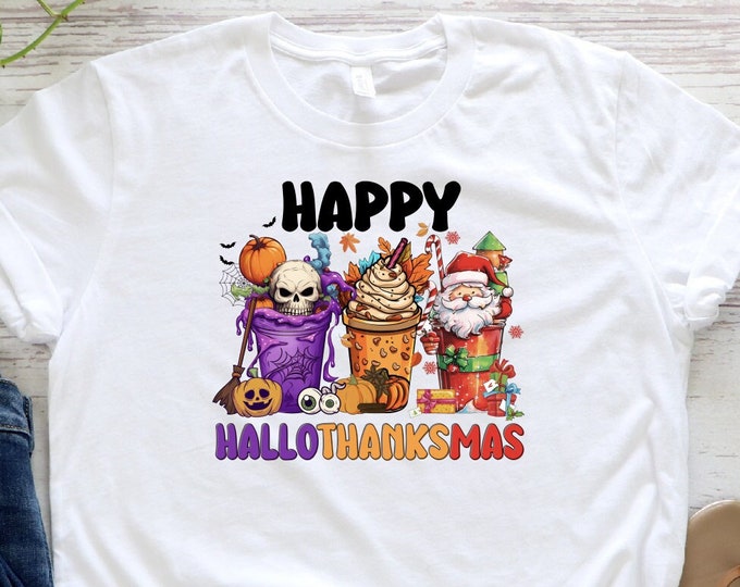 Hallothanksmas Coffee Shirt, Happy Hallothanksmas T-shirts, Funny Holiday Shirt, Family Matching Shirt, Happy Christmas Coffee Woman Shirt