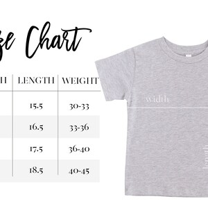 May include: Size chart for a t-shirt with measurements in inches for width, length, and weight. The chart shows sizes 2T, 3T, 4T, and 5T. A gray t-shirt is shown next to the chart.