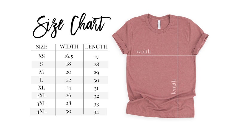 May include: Size chart for a t-shirt with measurements in inches for width and length. Sizes include XS, S, M, L, XL, 2XL, 3XL, and 4XL.