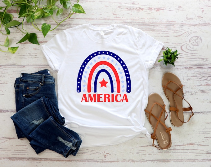 4th of July Rainbow America Shirt, Party Shirt, 4th Of July Shirt, Independence Day Shirts, Patriotic Family Shirts, 4th Of July Gift Shirt