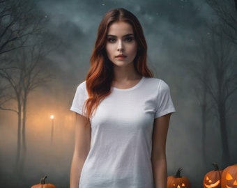 Maqueta de camiseta de Halloween: Bella Canvas 3001 naranja y negra espeluznante