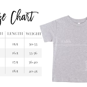May include: Size chart for a t-shirt with measurements in inches for width, length, and weight. The chart shows sizes 2T, 3T, 4T, and 5T. A gray t-shirt is shown next to the chart.