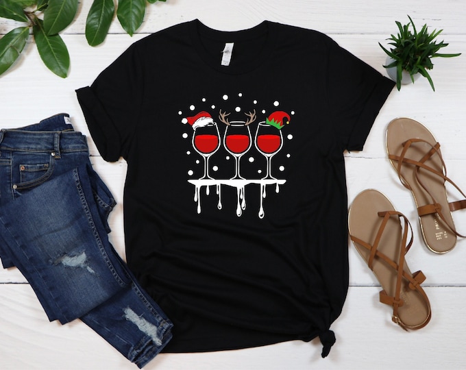 Christmas Wine Shirt,Santa Wine Glass Shirt, Christmas Santa Hat Shirt, Christmas Holiday Season Shirt, Funny Wine Drinkers Christmas Gift