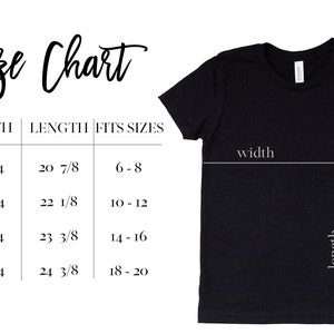 May include: Size chart for youth t-shirts with measurements in inches. The chart shows the width and length of the shirts in inches, as well as the corresponding age range for each size. The sizes are YS, YM, YL, and YXL.