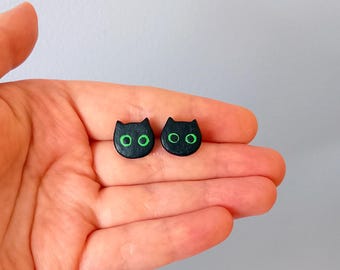Black Cat Stud Earrings: Handmade Polymer Clay, Halloween Jewelry