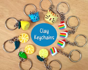 Handmade Polymer Clay Keychain: Lemon, Cake, Cat Charms