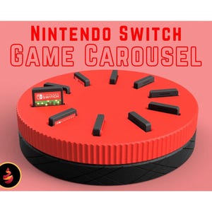 Könnte beinhalten: Rotes und schwarzes Nintendo Switch-Spielkarussell. Das Karussell hat ein kreisförmiges Design mit Schlitzen für Spielkassetten. Der Text "NINTENDO SWITCH GAME CAROUSEL" ist rot dargestellt. Eine Nintendo Switch-Spielkassette ist eingesetzt.