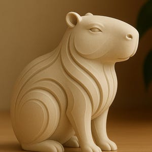 Op de afbeelding: Een beige capybarabeeldje met gedetailleerde gesneden lijnen. De sculptuur toont het dier in zittende positie, met het hoofd iets opzij gedraaid. Het beeldje is gemaakt van een massief materiaal en heeft een gladde afwerking. De achtergrond is neutraal van kleur.