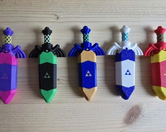 May include: Six plastic toy swords with different colored blades and wings. The swords are all the same shape and size, but have different colored blades and wings. The blades are purple, green, blue, white, red, and yellow. The wings are all white.