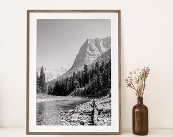 Glacier National Park Black and White Photography Wall Art, Montana Landscape Art, Cabin Decor, Montana Mountains Print, Digital Printable