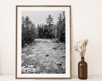Fotografía en blanco y negro del río Saco, New Hampshire, Bosque Nacional de las Montañas Blancas, Conway, New Hampshire, decoración de cabañas, paisaje