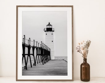 Michigan Lighthouse Black and White Photography Wall Art, Manistee North Pierhead Lighthouse, Nautical, Beach House Decor, Coastal Wall Art