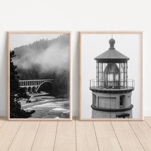 Oregon Coast Black and White Photography Wall Art Bundle Set of 2, Landscape Art, Heceta Head Lighthouse, Nautical Photos, Pacific Northwest