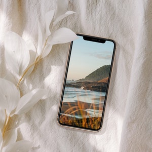 Puede incluir: Un tel&eacute;fono inteligente negro con un marco dorado que muestra una imagen panor&aacute;mica de una playa con una ladera boscosa en el fondo.