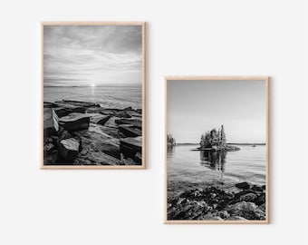 Conjunto de 2 impresiones artísticas de pared con fotografías en blanco y negro de la costa de Maine, arte náutico, decoración del hogar, Parque Nacional Acadia, digital