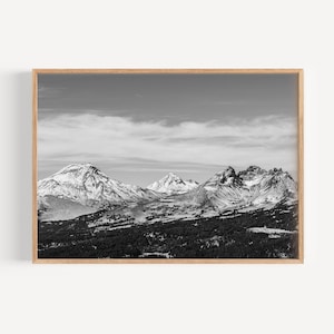 Oregon Three Sisters Mountains Black and White Photography Wall Art, Landscape Art, Oregon, Home Decor, Cabin Decor, Digital download, Print