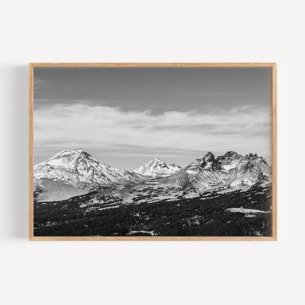 Oregon Three Sisters Mountains Black and White Photography Wall Art, Landscape Art, Oregon, Home Decor, Cabin Decor, Digital download, Print