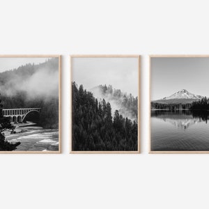 Pacific Northwest Black and White Photography Wall Art Bundle Set of 3, Landscape Art, Cabin Decor Printable, Digital Download, PNW