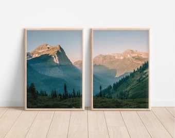 Glacier National Park Montana fotografie kunst aan de muur bundel set van 2, cabine decor afdrukbaar, woondecoratie, bossen, bergzonsopgang
