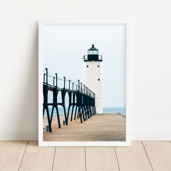 Michigan Lighthouse Wall Art, Manistee North Pierhead Lighthouse, Michigan Photography, Landscape, Beach House Decor, Coastal Wall Art