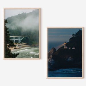 Misty Oregon Coast Photography Wall Art Bundle Set of 2, Oregon Coast, Landscape Prints, Heceta Head Lighthouse, Home Wall Art Printable