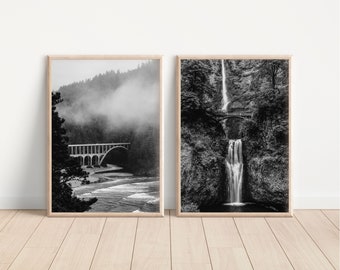 Pacific Northwest Black and White Photography Wall Art Bundle Set of 2, Landscape Art, Misty Oregon Coast, Multnomah Falls, Digital Download
