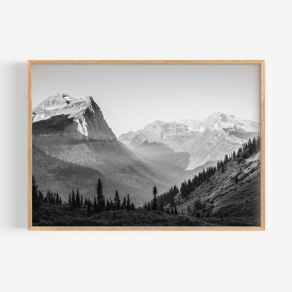 Glacier National Park Black and White Photography Wall Art, Montana Landscape Art, Mountain Photograph, Home Decor, Cabin Wall Art Printable