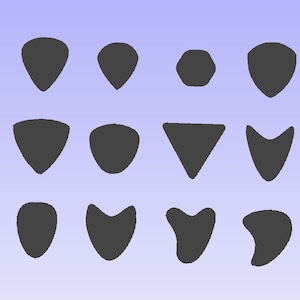 May include: A set of 12 different guitar pick shapes, all in black. The picks are arranged in three rows of four.