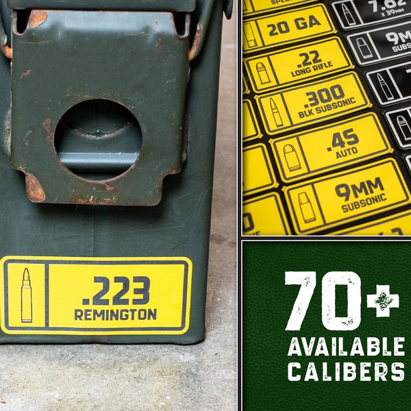 Ammo Can Label Sticker Large Print in 2 Color Vinyl for Organizing Your Ammo Storage - 70 Calibers Available