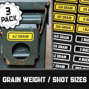 May include: A green metal ammunition box with a yellow label that reads "62 GRAIN". A white sticker with "3 PACK" is on the top left. The image also shows labels with grain weights and shot sizes.