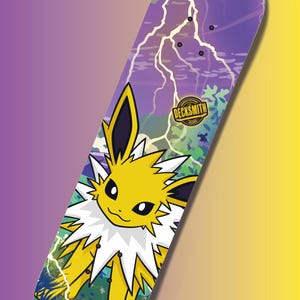 May include: A skateboard with a yellow Jolteon design, white collar, and a purple sky with lightning and green foliage. The board features the "Decksmith" logo.
