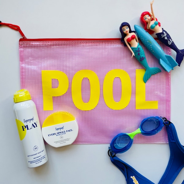 POOL Sunscreen Pool Bag, Zipper Pouch, Water Resistant, Bachelorette Gift, Beach Bag, Gift for mom