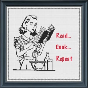 Read Cook Repeat | PDF Cross Stitch Pattern | Sassy Retro-Mid Century Style Design | Easy Cross Stitch Pattern | RedLeafStitchCraft