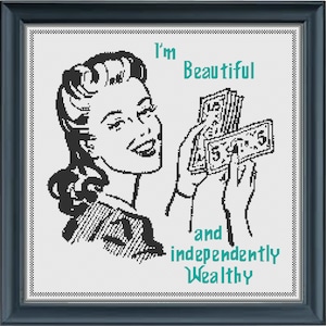 Cross Stitch Pattern PDF | I&#39;m Beautiful and Independently Wealthy | Sassy Retro-Mid Century Style Design | RedLeafStitchCraft